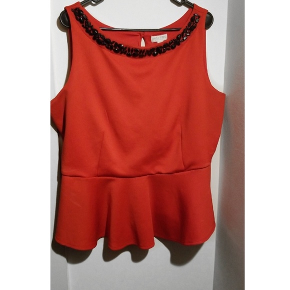 Red Peplum top with black jeweled embroidery - Picture 1 of 4